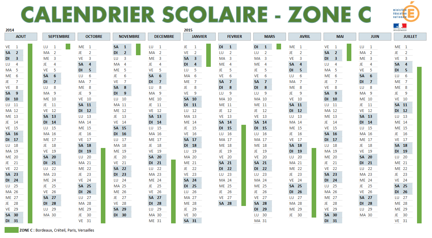 Les vacances scolaires 2014-2015 de la zone C